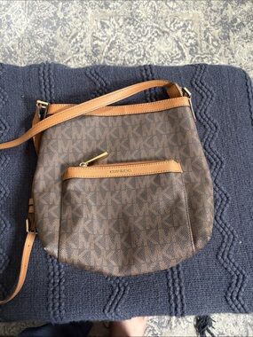 Michael Kors Brown Logo Crossbody with Tan Trim and Gold Hardware